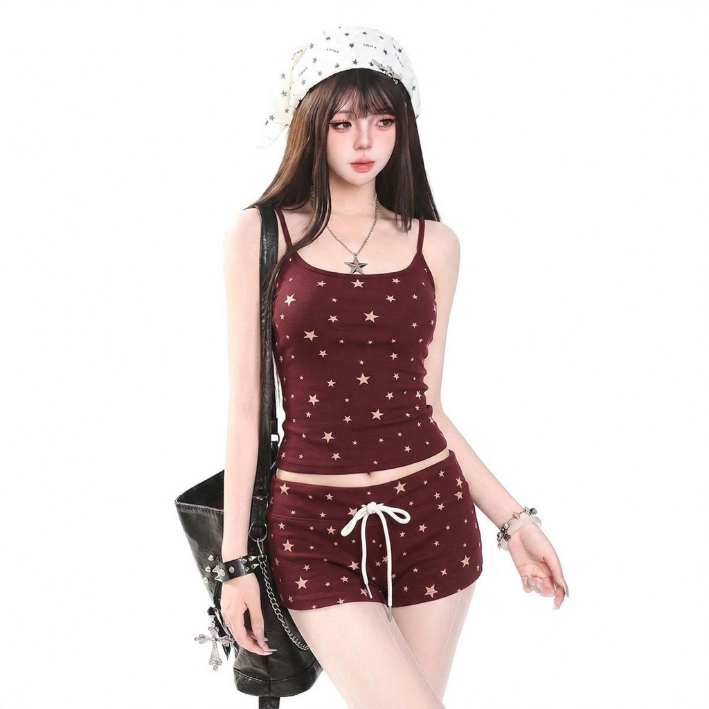 B121 Set bộ áo 2s phối quần ngắn chất thun hoạ tiết form ôm body tôn dáng mùa hè