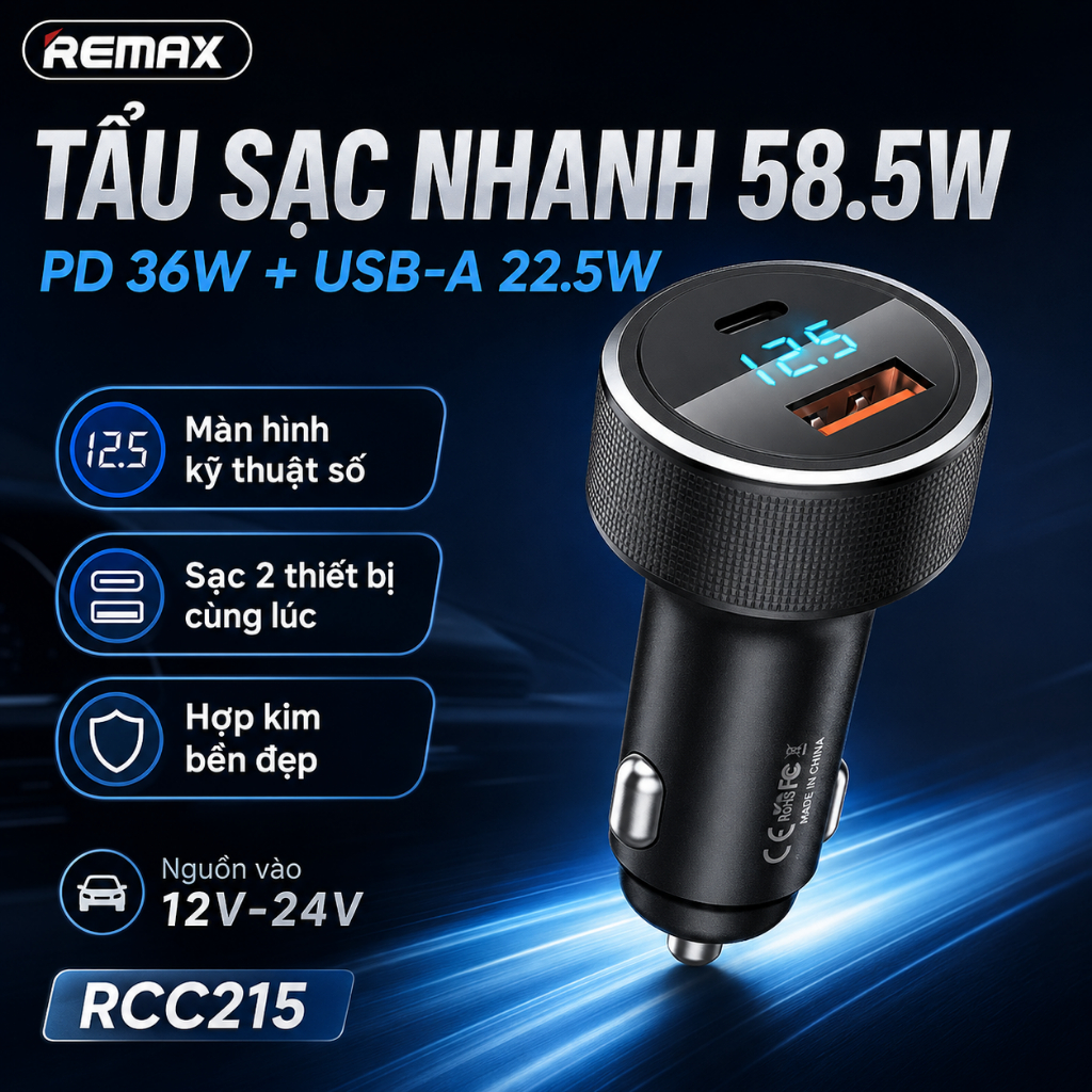Tẩu Sạc Ô Tô Remax RCC215 58.5W Sạc Nhanh 2 Cổng Type C USB Có Màn Hình LED  Điện Áp
