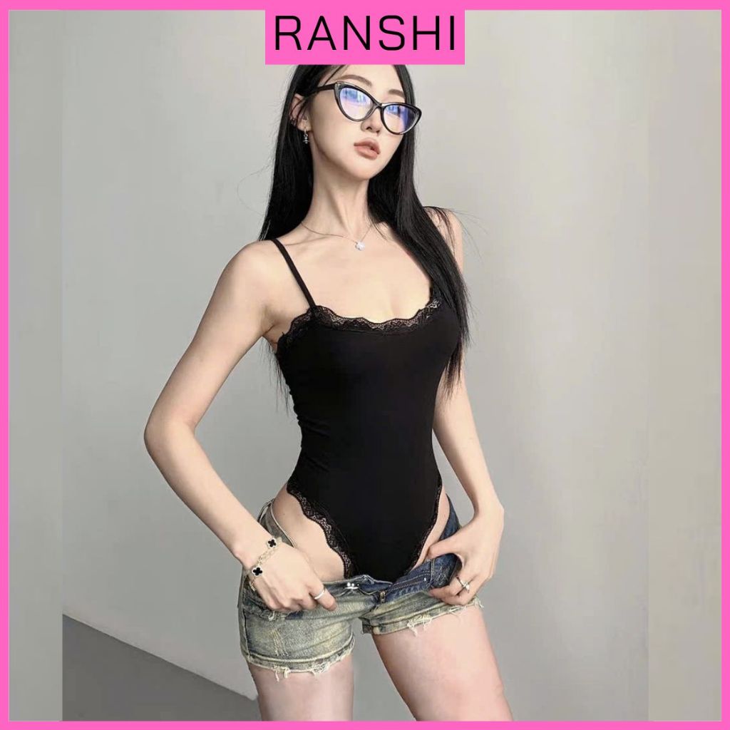 [CÓ MÚT] Áo Bodysuit Hai Dây Phối Viền Ren Ôm Body Cá Tính RANSHI Sexy Chất Cotton Mềm Mát - RBS051