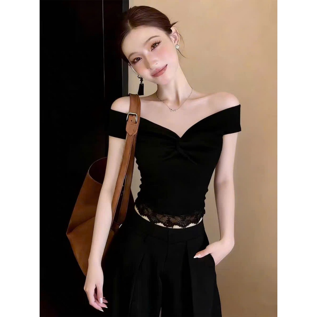 [CÓ SIZE] Áo Trễ Vai Nữ Tay Ngắn Xoắn Ngực Viền Ren RANSHI Vải Cotton Mịn Mát Co Giãn Ôm Body Gợi Cảm - RA363