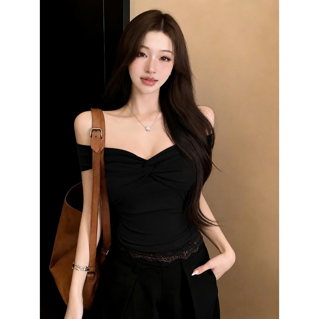 [CÓ SIZE] Áo Trễ Vai Nữ Tay Ngắn Xoắn Ngực Viền Ren RANSHI Vải Cotton Mịn Mát Co Giãn Ôm Body Gợi Cảm - RA363