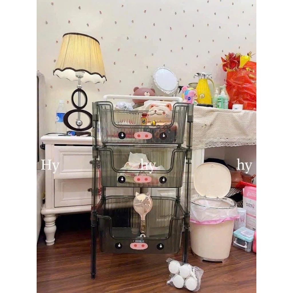 Kệ Heo Xinh 3 Tầng Có Bánh Xe Trong Suốt, Kệ Đựng Đồ Đa Năng Cho Bé, Spa, Nhựa Cao Cấp