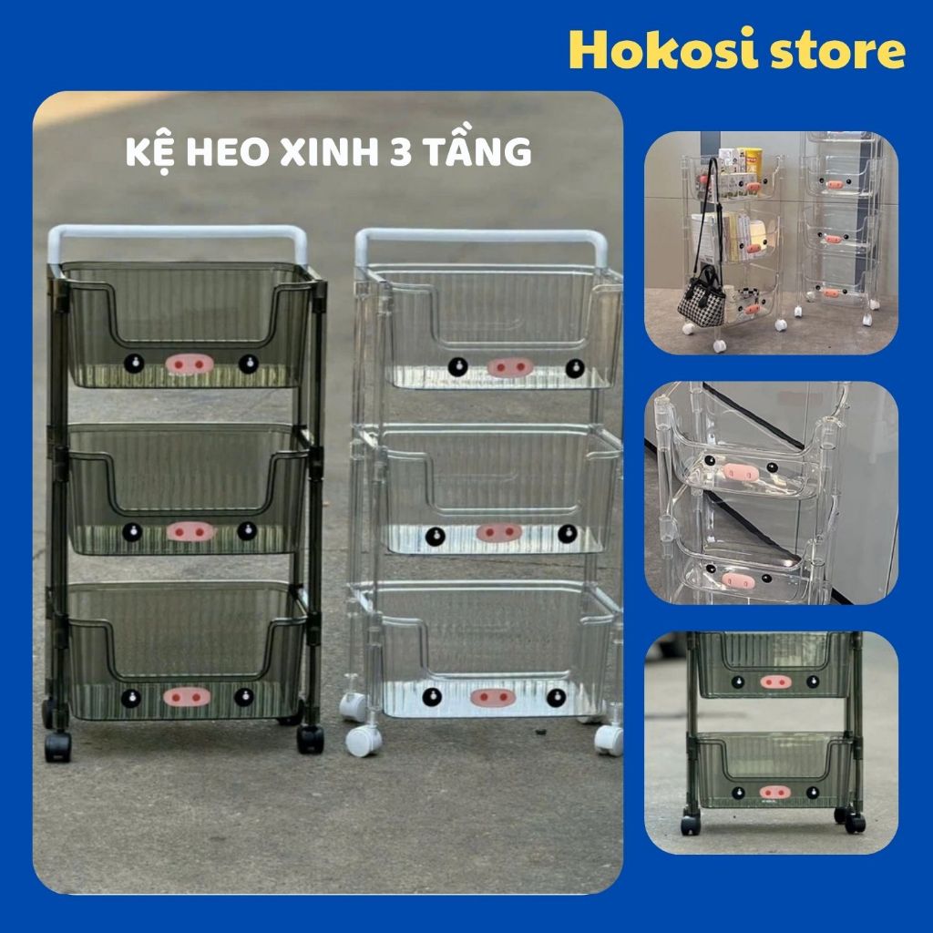 Kệ Heo Xinh 3 Tầng Có Bánh Xe Trong Suốt, Kệ Đựng Đồ Đa Năng Cho Bé, Spa, Nhựa Cao Cấp