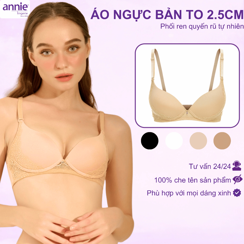 annie Áo Ngực Trơn không gọng bản to 3 móc tạo dáng lưng thon Cub B  Nâng Ngực Nhẹ BRA8132B
