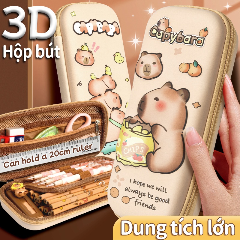 Hộp bút Capybara in 3D nổi, túi bút chống nước dung tích lớn tiện dụng cho học sinh đi học