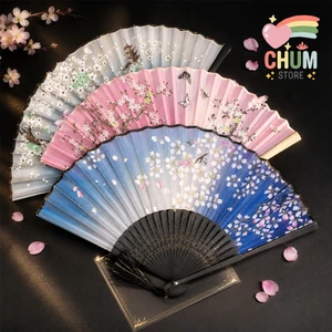 Quạt xếp hoa đào cổ trang dây tuyến xếp nan tre vải lụa gập gọn cầm tay