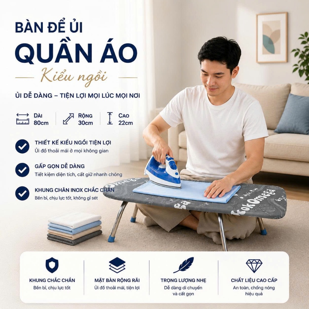 [Hoả Tốc] Bàn Để Ủi Quần Áo kokOmega - Cầu Là Kiểu Ngồi Chân Inox Gấp Gọn