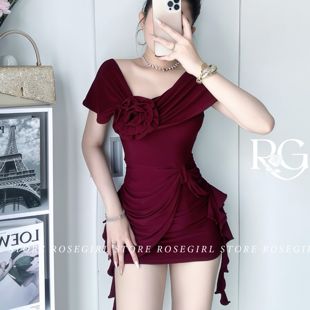 [CÓ BIGSIZE] Đầm body 473 lệch vai đính hoa nổi bật, xếp ly mềm mại tôn dáng sang trọng ROSSEGIRL STORE DRESS WOMEN
