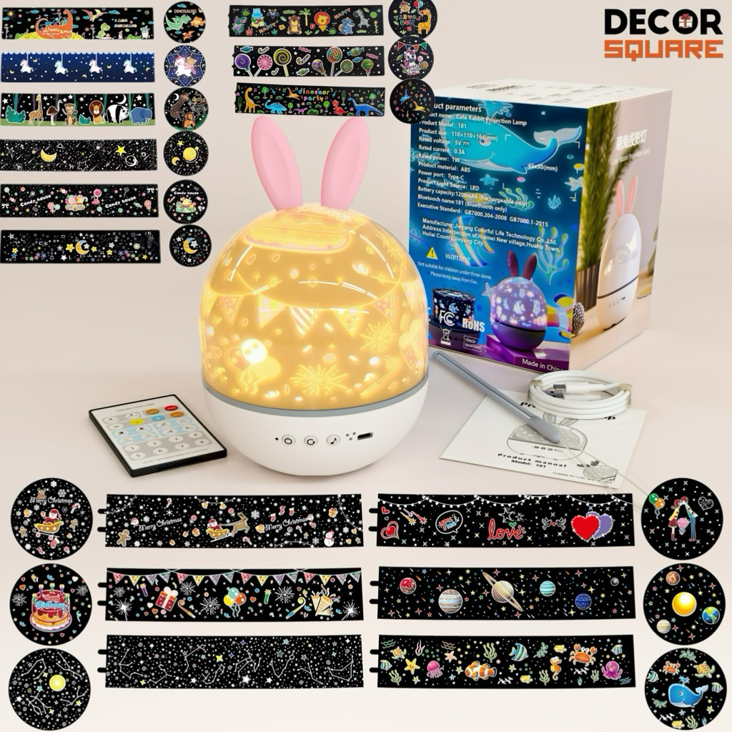 Set Combo Quà Tặng Bé Gái Decor Square: Đèn Thỏ Chiếu Sao & Đèn Ngủ Hoa (Gói Quà + Túi Giấy)