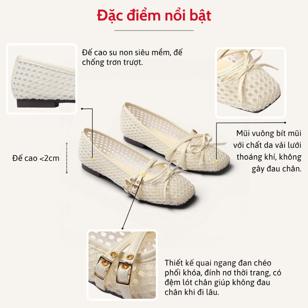 Giày Búp Bê Nữ Đế Bệt Da Vải Lưới Quai Ngang Đan Chéo Phối Khóa Đính Nơ Pixie H460