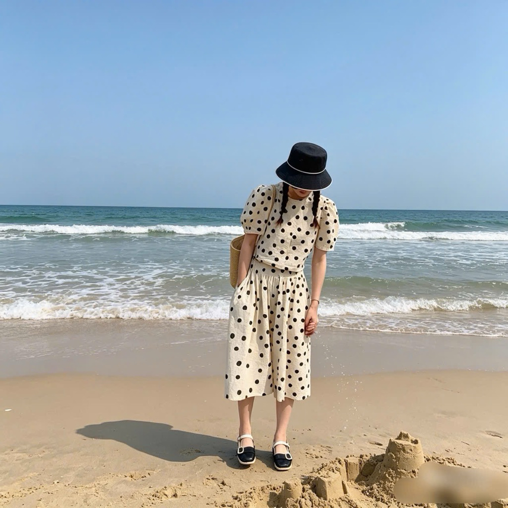 Set bộ nữ F0832 chấm bi đi biển mùa hè – áo quần nữ trendy, thời trang trẻ trung, size S–M (40–50kg)