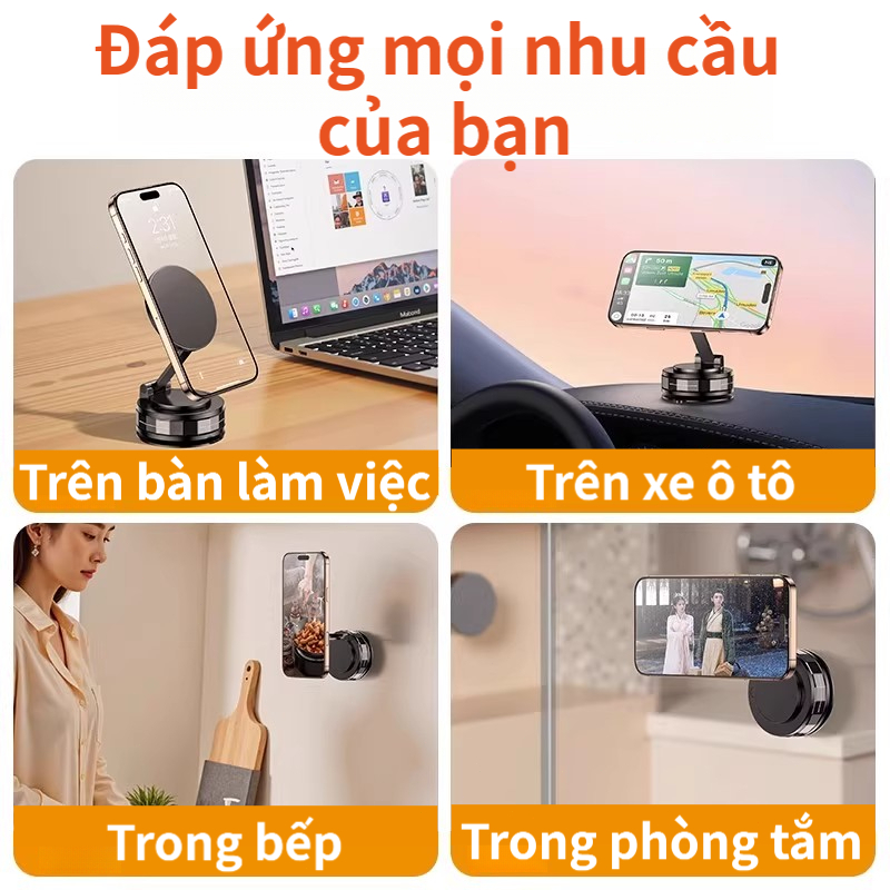 Giá đỡ điện thoại ô tô hút chân không nam châm,xoay 360°,3 trục điều chỉnh,dùng được nhiều cảnh: xe, bàn,bếp,phòng tắm