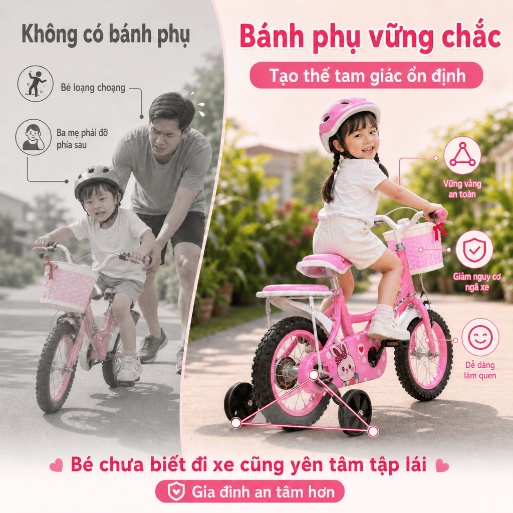 Xe đạp trẻ em nữ 2-12 tuổi, kèm bánh phụ chống ngã, thiết kế dễ thương, quà tặng hoàn hảo
