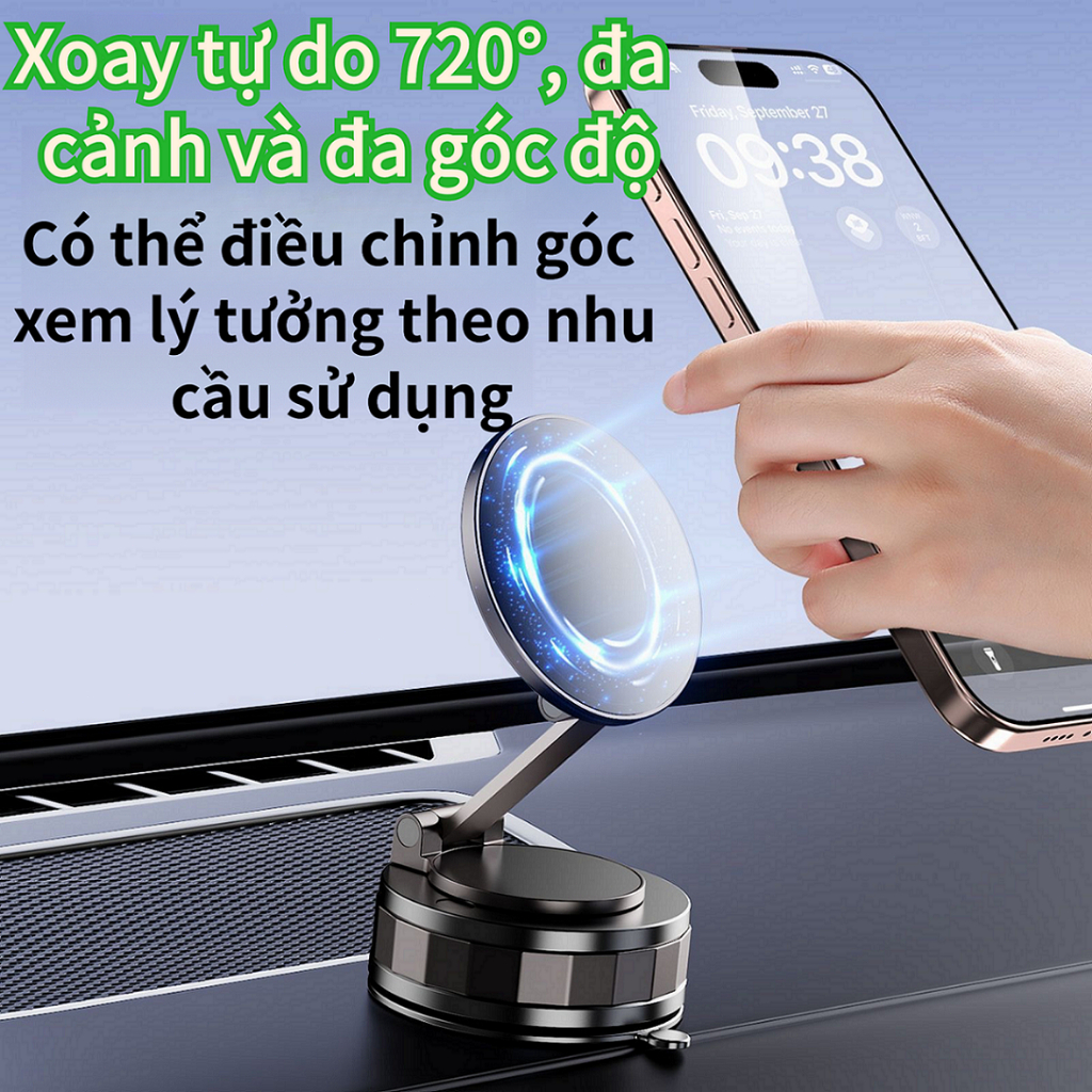 Giá đỡ điện thoại ô tô hút chân không nam châm,xoay 360°,3 trục điều chỉnh,dùng được nhiều cảnh: xe, bàn,bếp,phòng tắm