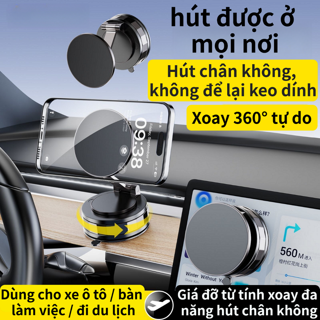 Giá đỡ điện thoại ô tô hút chân không nam châm,xoay 360°,3 trục điều chỉnh,dùng được nhiều cảnh: xe, bàn,bếp,phòng tắm