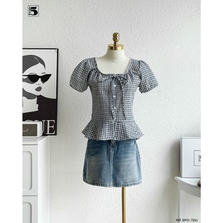 Áo Babydoll Twentyfive Kẻ Caro, Thiết Kế Cổ Vuông, Tay Bồng, Chiết Eo Tôn Dáng Phong Cách Tiểu Thư Dễ Thương 7211