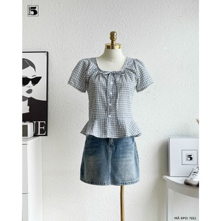 Áo Babydoll Twentyfive Kẻ Caro, Thiết Kế Cổ Vuông, Tay Bồng, Chiết Eo Tôn Dáng Phong Cách Tiểu Thư Dễ Thương 7211