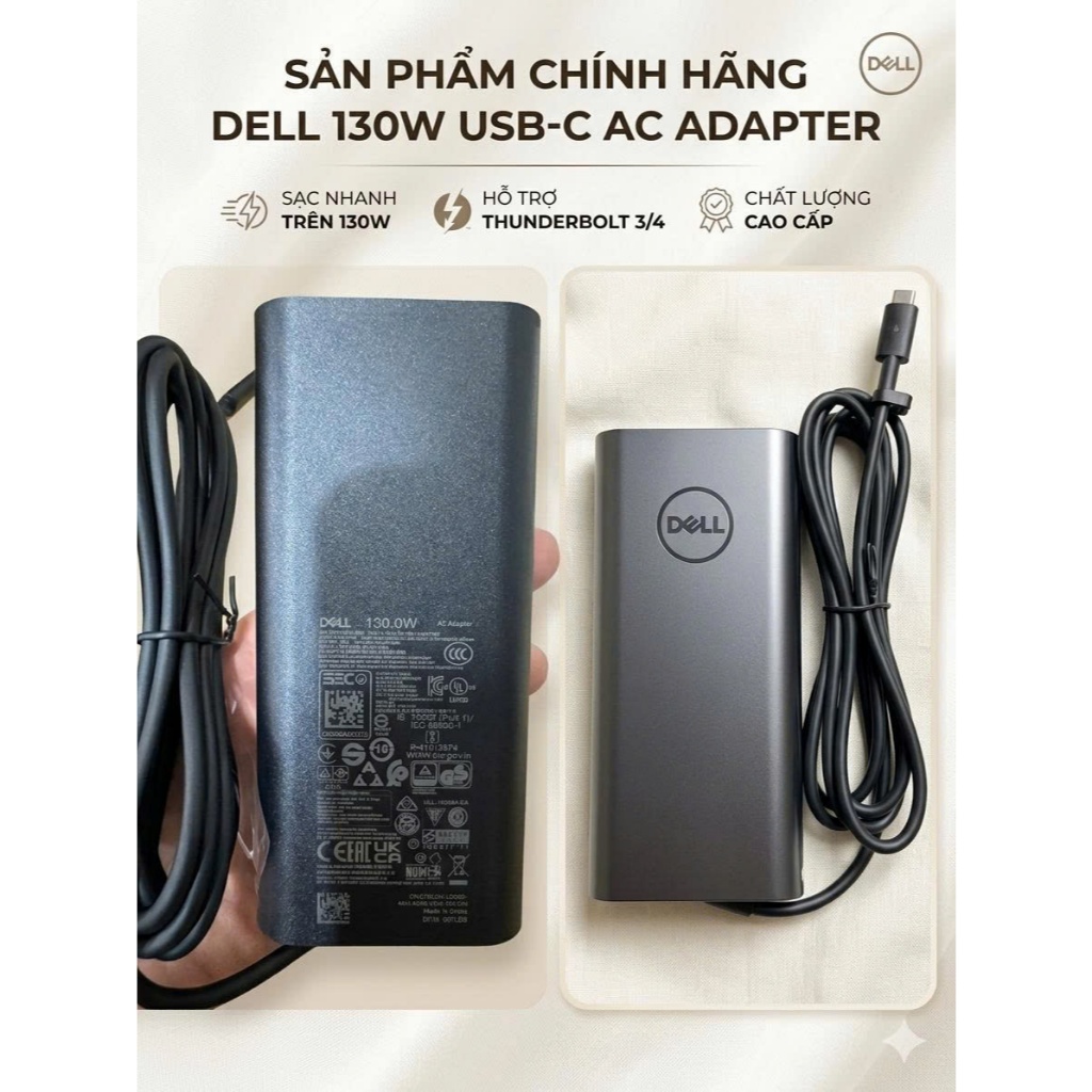 Sạc Laptop Dell 130W Type C- Sạc Dell XPS 15 9570 9575 Latitude 5310 Precision 5530 - Sạc Zin BH 24 tháng