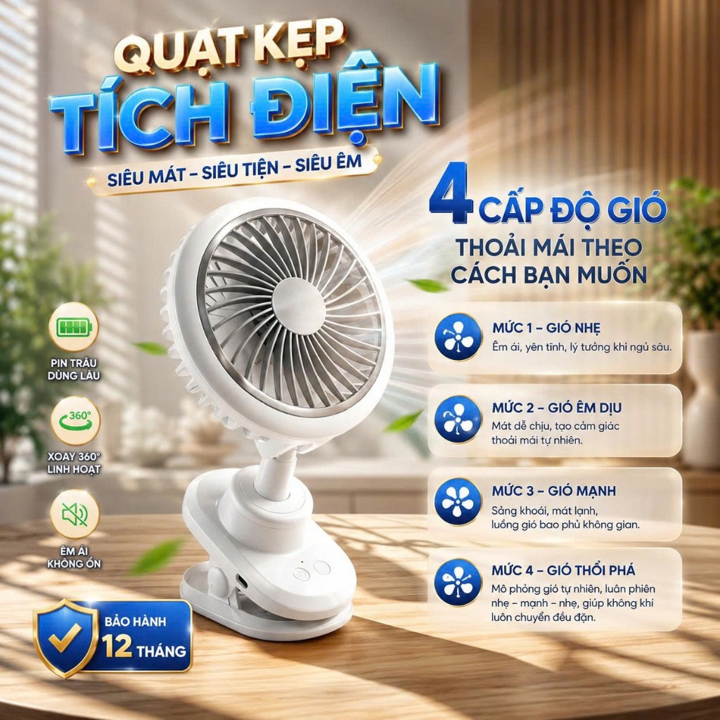 [BH 1 NĂM - TỰ ĐỘNG XOAY] Quạt Tích Điện Mini CHẤT LƯỢNG CAO, Quạt Kẹp Bàn Pin Thật 15h W02 - WEZEN