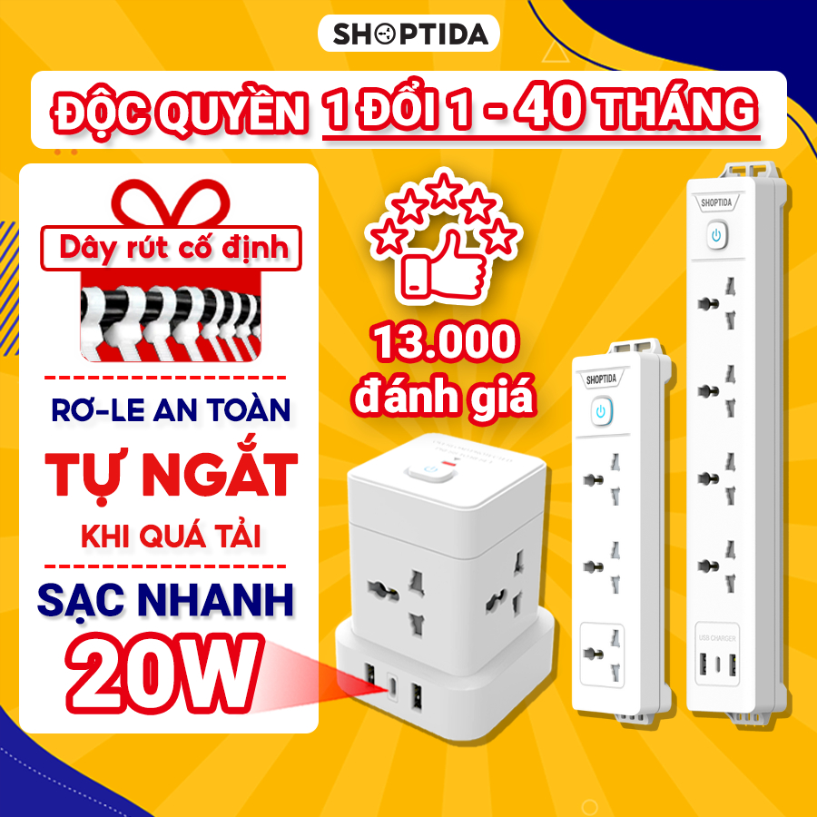 Ổ cắm điện đa năng 3-12 ổ tải 2500W Shoptida, sạc nhanh 20W cổng typeC USB, chống cháy an toàn, 1 đổi 1 40 tháng - 1