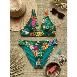 Size XL/Set bơi 2 mảnh, bikini đi biển họa tiết hoa lá xanh cao cấp, sẵn đệm ngực hàng VNXK