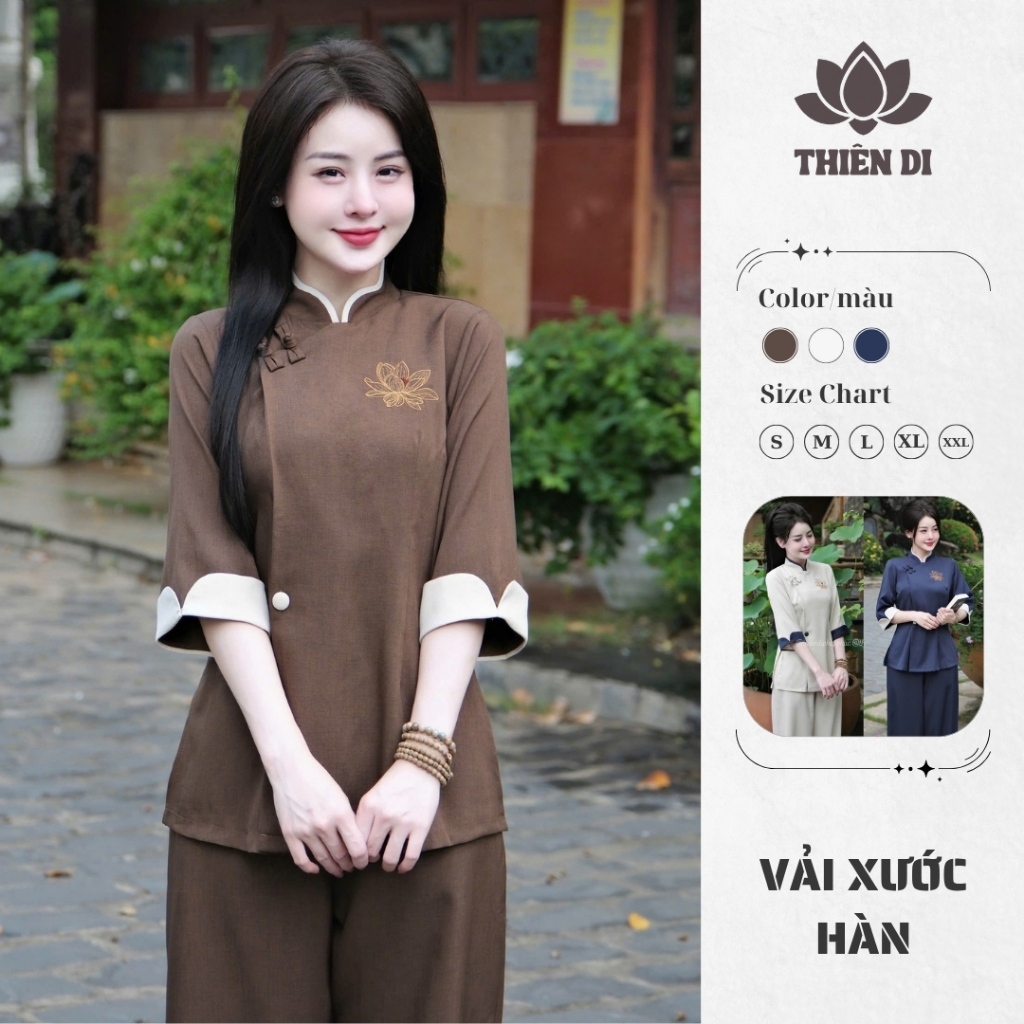 Pháp phục nữ bigsize đi lễ chùa chất xước hàn cao cấp, bộ đồ lam đi chùa cho phật tử Thiên Di D06