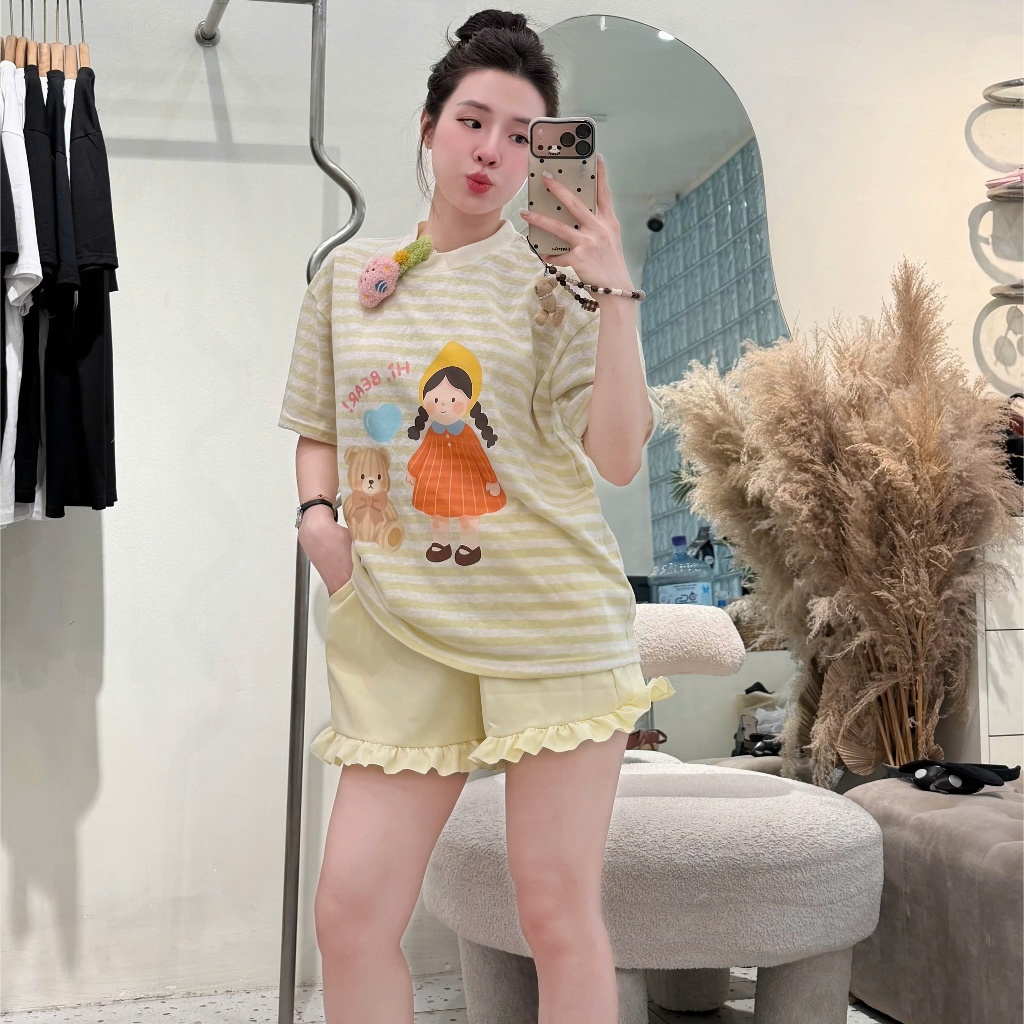 Set bộ nữ áo cotton giấy phối quần đùi xoè dáng bom bèo điệu siêu xinh