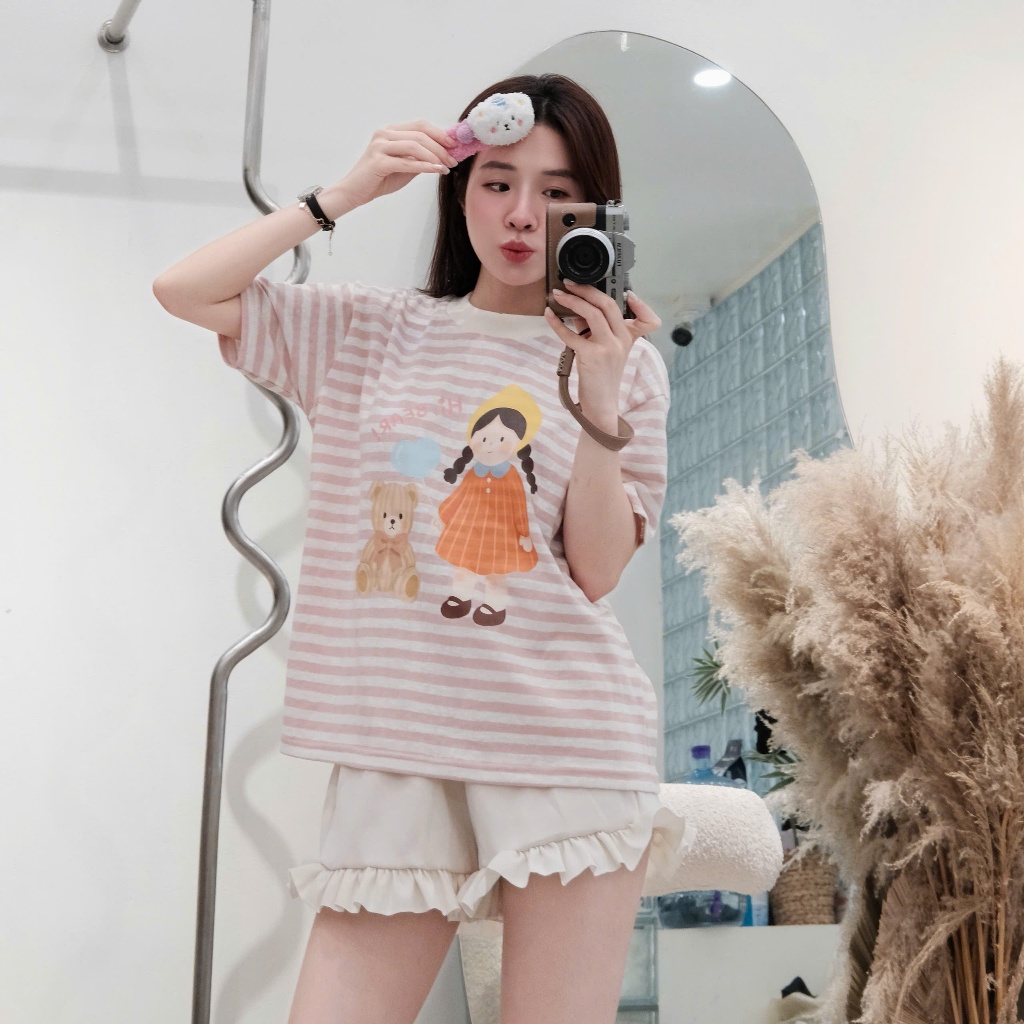 Set bộ nữ áo cotton giấy phối quần đùi xoè dáng bom bèo điệu siêu xinh