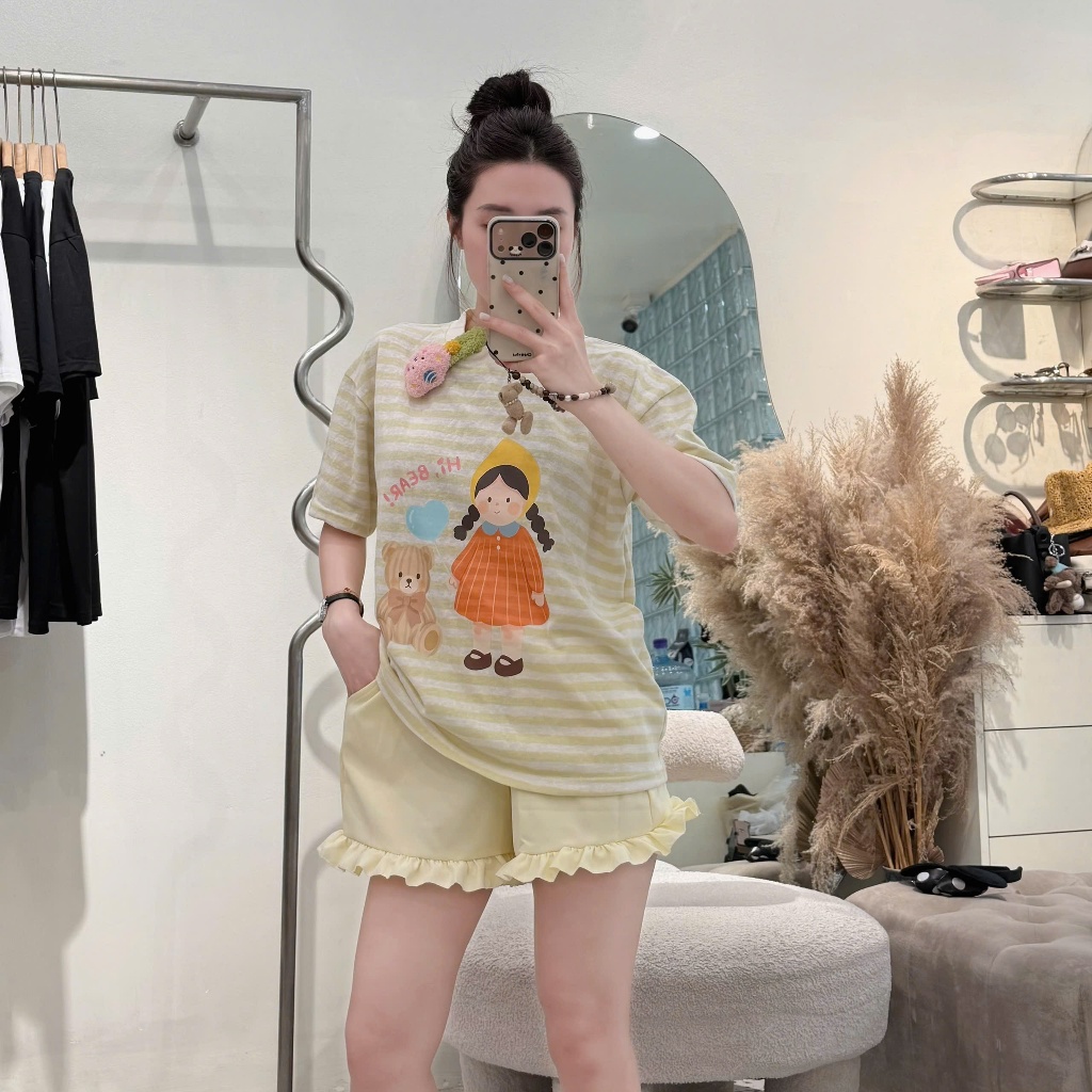 Set bộ nữ áo cotton giấy phối quần đùi xoè dáng bom bèo điệu siêu xinh