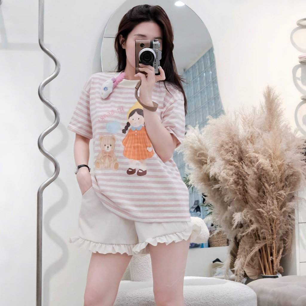 Set bộ nữ áo cotton giấy phối quần đùi xoè dáng bom bèo điệu siêu xinh
