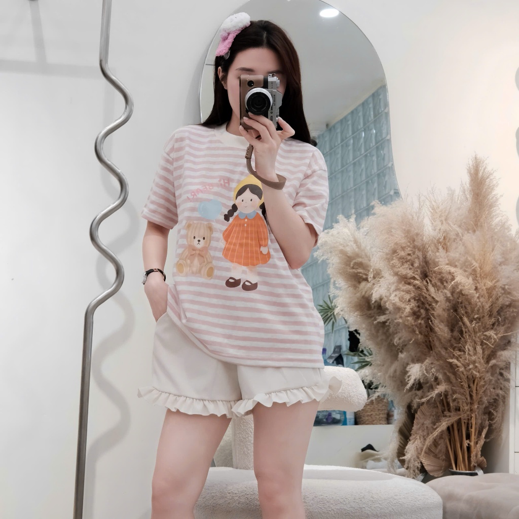 Set bộ nữ áo cotton giấy phối quần đùi xoè dáng bom bèo điệu siêu xinh