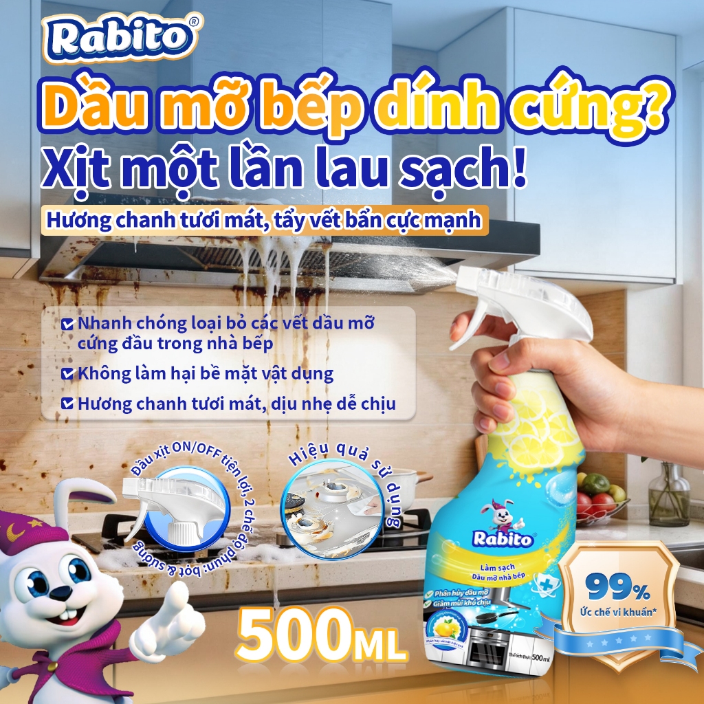 【Mua3Tặng2】Tẩy Dầu Mỡ Nhà Bếp Rabito Tẩy Sạch Dầu Mỡ Cứng đầu Và Làm Sạch Máy Hút Mùi, Lò Nướng, Bếp Ga Và đáy Nồi.500ml