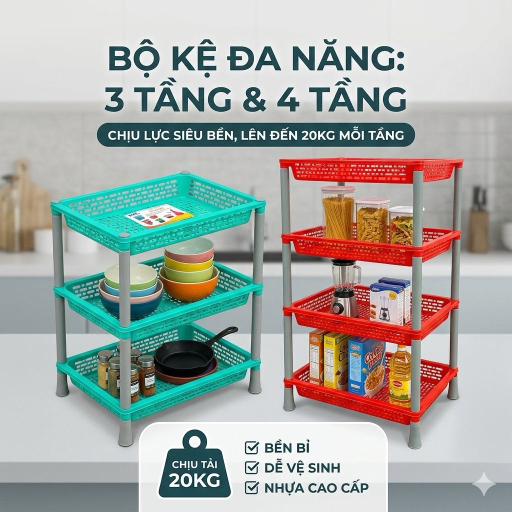 Kệ Nhà Bếp VNS 3 Tầng & 4 Tầng – Kệ Đa Năng Đựng Chén Bát Rau Củ Cao Cấp