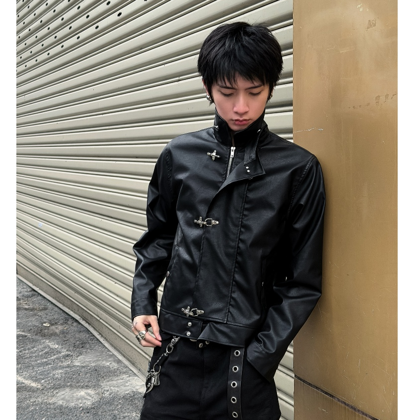 BAD CHOICES | Áo khoác da nam khóa cài SNAPLOCKS logo đỏ form boxy