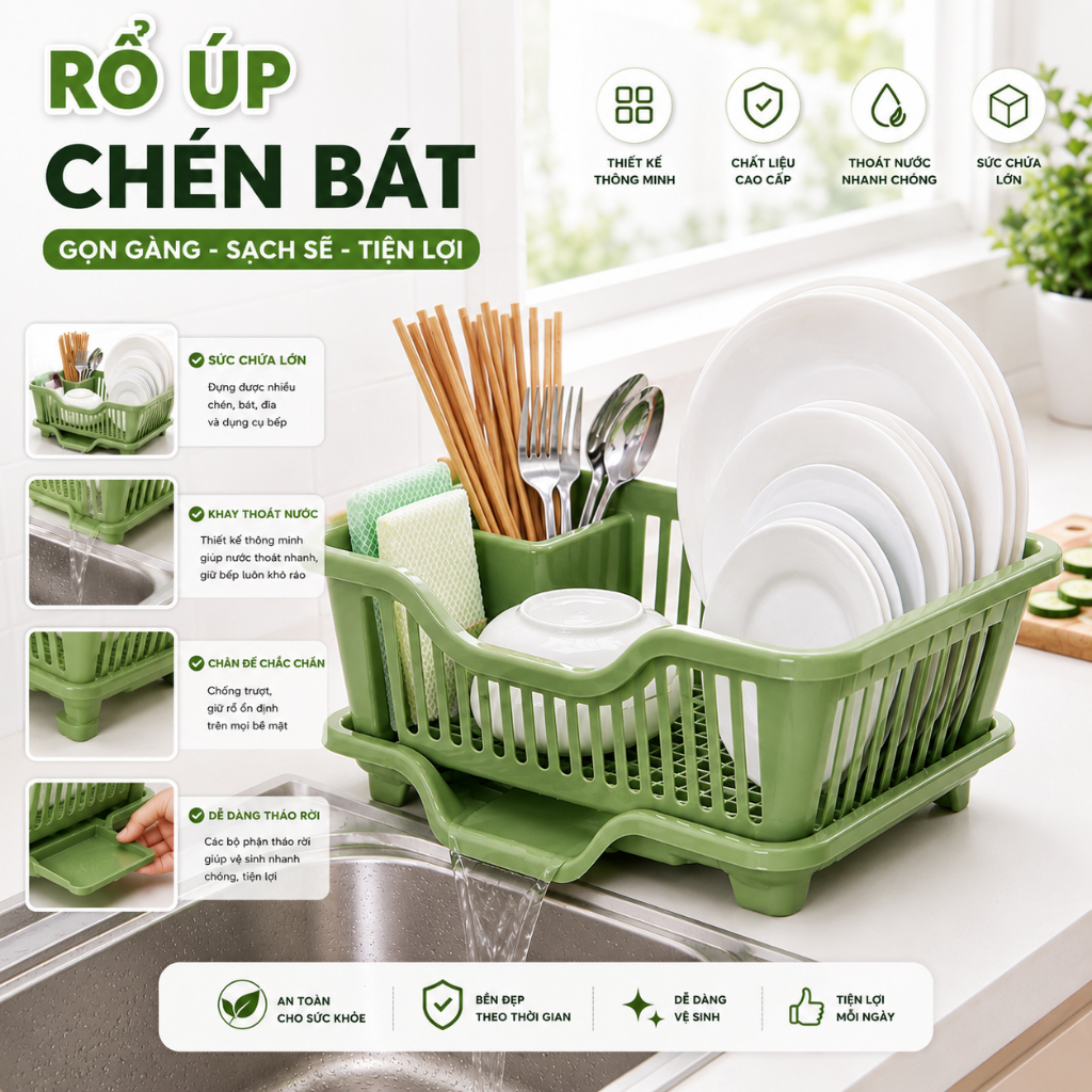 Kệ Rổ Úp Chén Bát, Giá Để Bát Đũa, Khay Úp Chén Bát Có Thoát Nước VIỆT NHẬT 3535