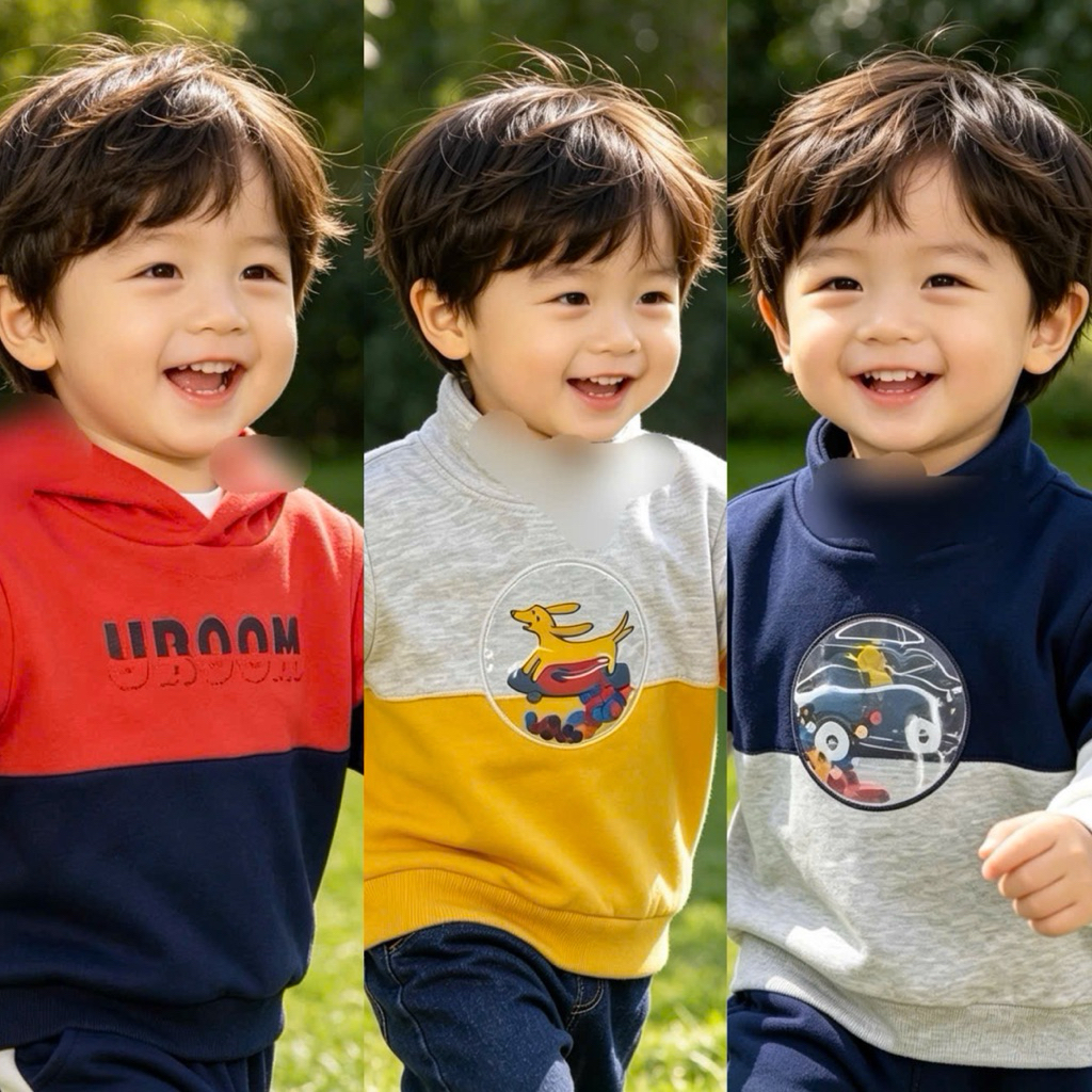 Áo nỉ cổ cao bé trai D8930 hình in độc đáo, chất dày ấm mềm mại, size 4-17kg