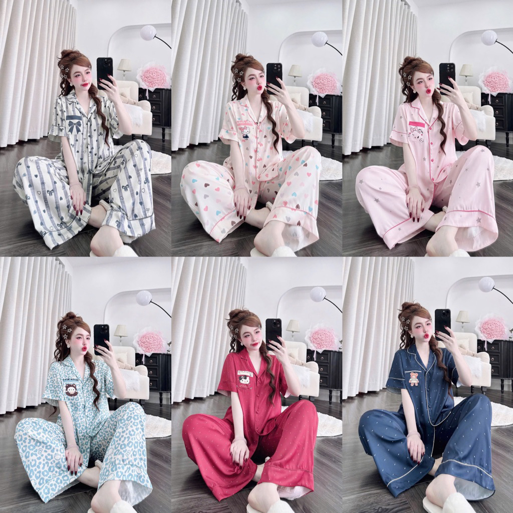 (45-65kg) Bộ ngủ pijama hoạ tiết tay ngắn lụa Latin nút bọc mềm mát