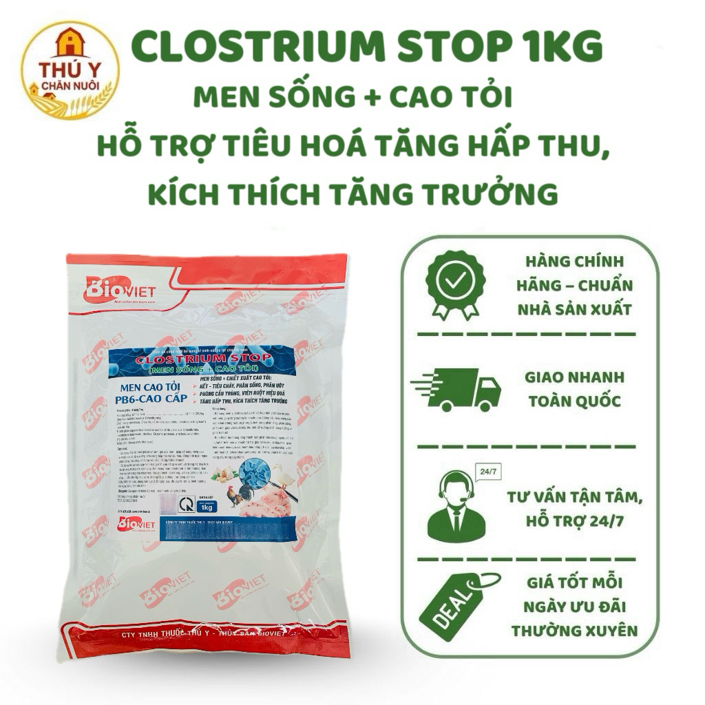 CLOSTRIUM STOP 1KG – Men Sống PB6 + Cao Tỏi Cho Heo, Gà, Vịt | Hỗ Trợ Tiêu Hóa, Tăng Hấp Thu