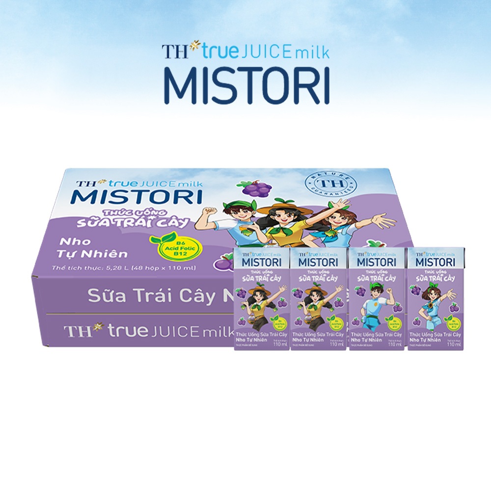 Thùng Thức uống Sữa trái cây TH true JUICE milk MISTORI Nho tự nhiên 110 ml x 48 Hộp