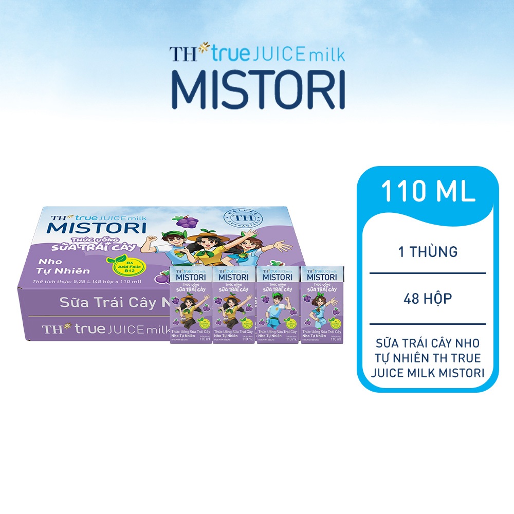 Thùng Thức uống Sữa trái cây TH true JUICE milk MISTORI Nho tự nhiên 110 ml x 48 Hộp