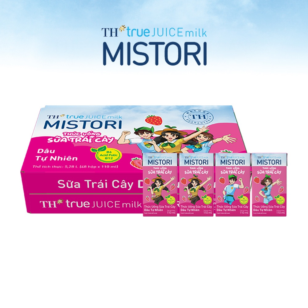 [Có quà tặng kèm] Thùng 48 hộp thức uống Sữa trái cây Dâu tự nhiên TH true JUICE milk MISTORI 110ml x 48 hộp