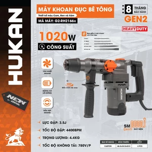 Bộ máy khoan đục bê tông HUKAN G2-RH2166X, Công suất 1020W - Dây đồng nguyên chất - Tặng 5 Mũi