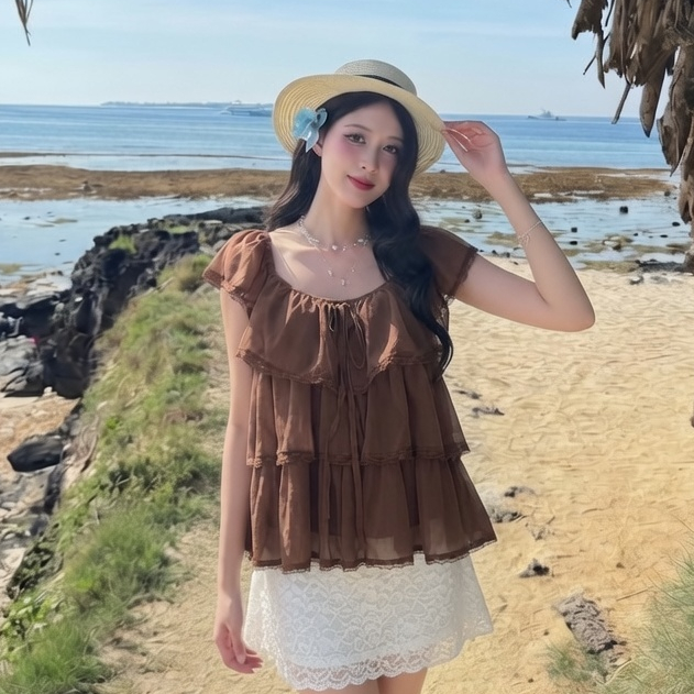 Áo Babydoll Kiểu Nữ Tay Phồng Mặc 2 Kiểu Voan Xếp Tầng Đi Biển Mùa Hè Kimee - KA860