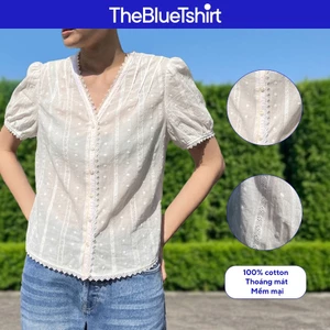 TheBlueTshirt - Áo kiểu nữ thêu cổ tim phối ren phom regular nữ tính - Camille Top