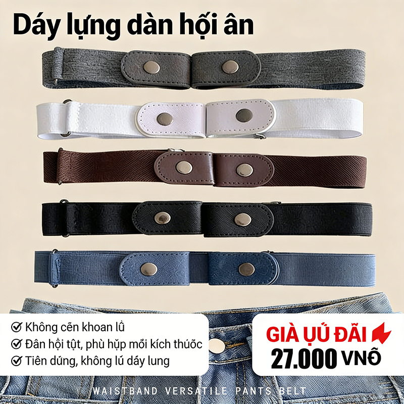 Dây lưng đàn hồi không khoan, thắt lưng ẩn tiện dụng cho quần jean, không cần khoan lỗ