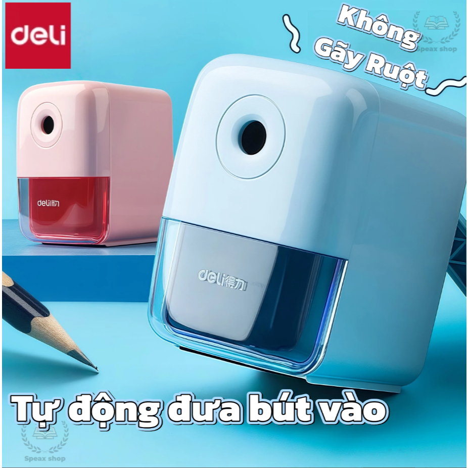 Đồ Dùng Học Tập Deli - Máy Bào Chì Tự Động Không Kẹt, Tự Động Đẩy Bút, Điều Chỉnh Độ Nhọn, Hộp Đựng Vỏ Bào Lớn