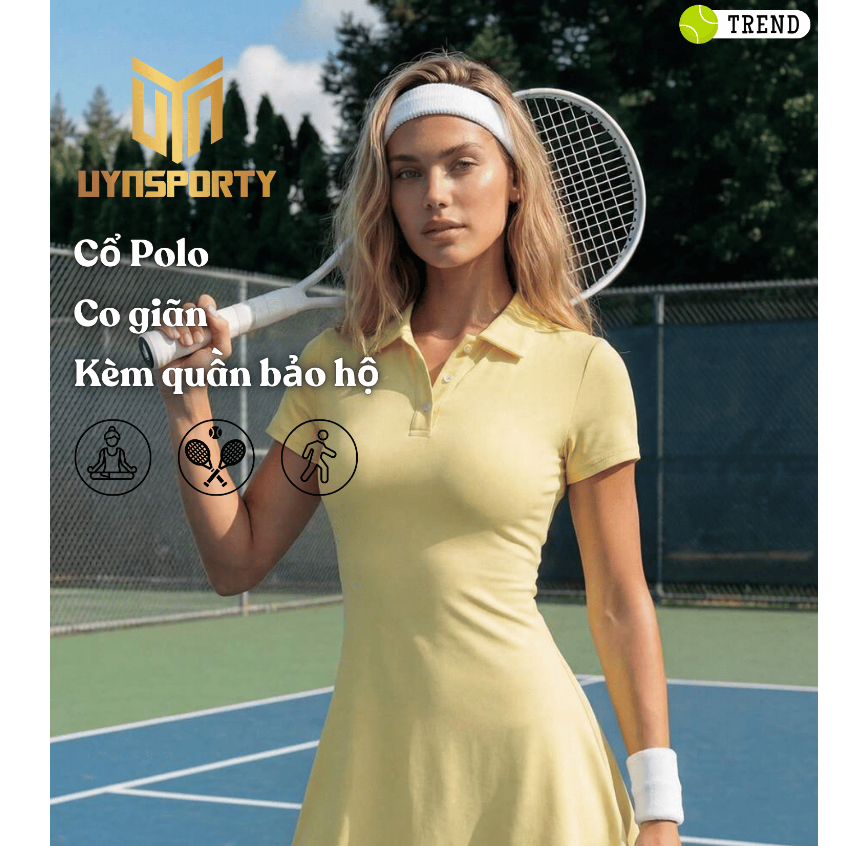 Váy Pickleball Nữ UYNSPORTY Polo Tay Ngắn Kèm Quần Short Co Giãn Tốt, Bộ Đồ Pickleball Nữ Thể Thao