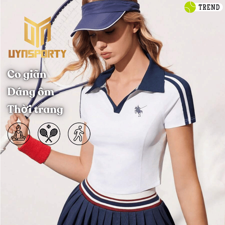 Áo Pickleball Nữ UYNSPORTY Cổ Bẻ Phối Màu Tương Phản In Logo, Tay Ngắn, Dáng Suông, Áo Thể Thao Nữ