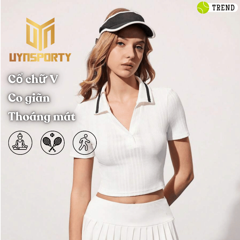 Áo Pickleball Nữ UYNSPORTY Polo Tay Ngắn Croptop Slim Fit Co Giãn Vừa Vải Dệt Kim, Áo Thể Thao Nữ