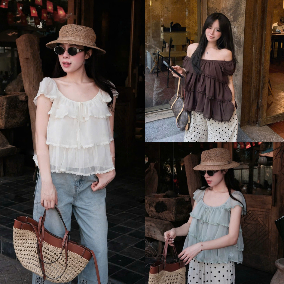 Áo tơ hai lớp chun vai nhiều màu dễ phối đồ, áo babydoll kiểu dáng basic LABEL A141